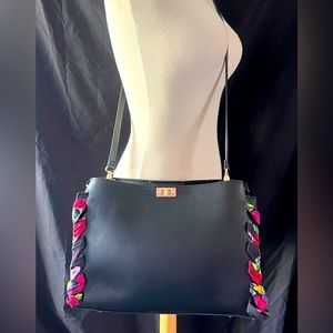 Betsy Johnson Black Satchel Crossbody Handbag Purse with Colorful Material.